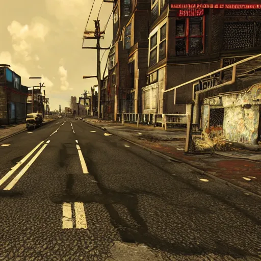 Image similar to Abbey Road post-nuclear war in Fallout 4, in game screenshot