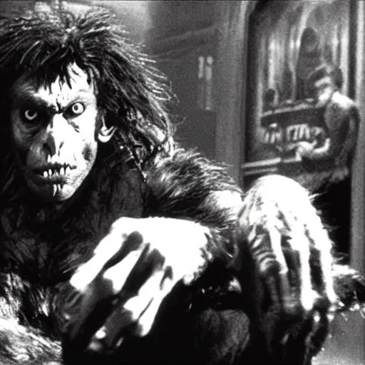 Prompt: film still of a werewolf extending out his hand in an american werewolf in london