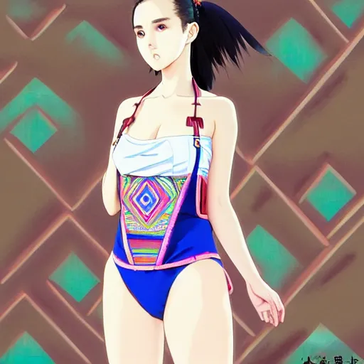 Image similar to a beautiful plus sized model japanese natalie portman, alluring plus sized model, wearing mayan leotard with elegant mayan apron overalls, street fashion hip hop style with mayan patterns, aztec street fashion, gapmoe yandere grimdark, trending on pixiv fanbox, painted by greg rutkowski makoto shinkai takashi takeuchi studio ghibli, akihiko yoshida