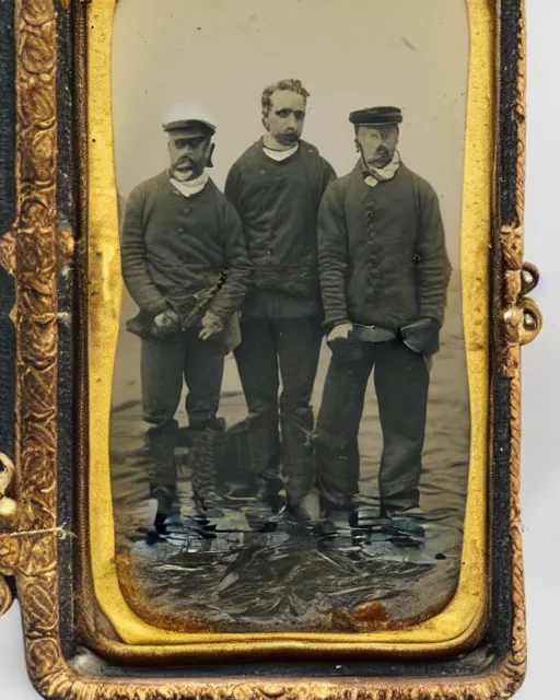 Prompt: tintype of four 19th century sailors stranded at sea in a small rowboat, photorealistic