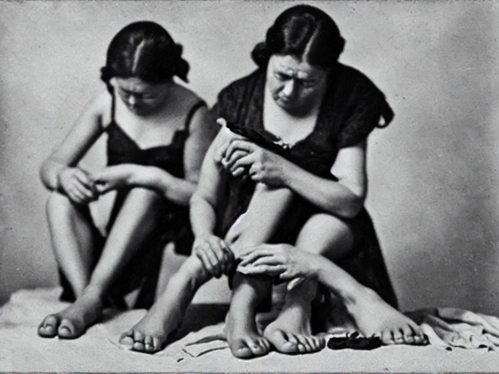 Prompt: a photograph of a woman sewing her feet to her ears