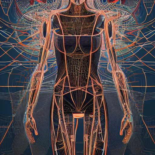 Image similar to a beautiful body of a pilot woman partially made of wires and electronic circuits, an ultrafine detailed illustration by james jean, final fantasy, intricate linework, bright colors, behance contest winner, vanitas, angular, altermodern, unreal engine 5 highly rendered, global illumination, radiant light, detailed and intricate environment