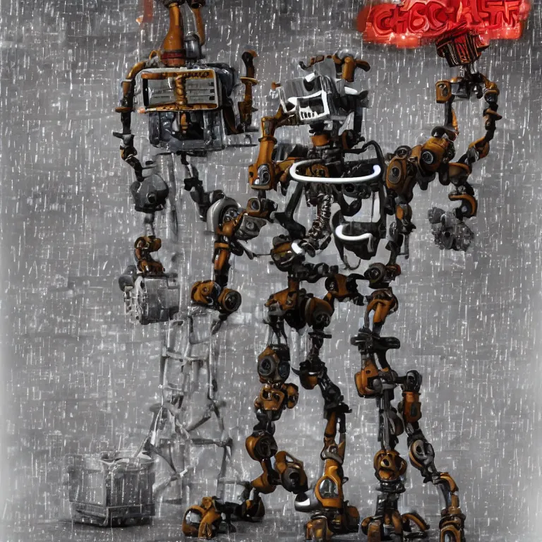 Image similar to designed by scott cawthon and chuck e cheese stylized endoskeleton for an animatronic that has been damaged and decayed, rain, dense fog, alleyway, volumetric lighting, f 8 aperture, cinematic eastman 5 3 8 4 film