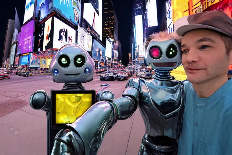 Image similar to n alien and a robot taking a selfie together in new york, times square, digital art by bob eggelton and jim burns