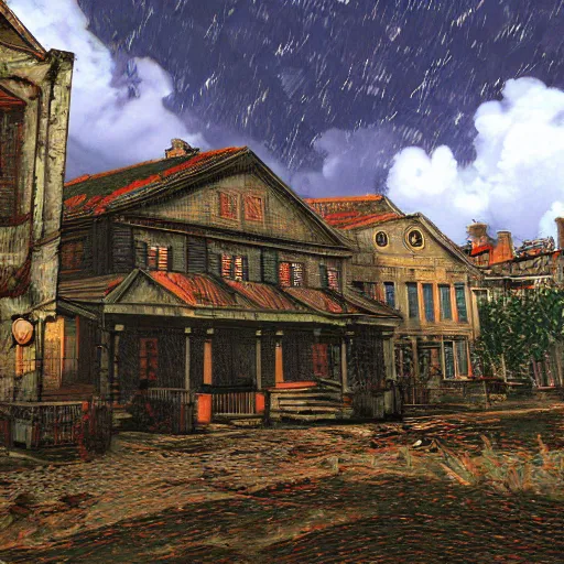 Prompt: resident evil 8 environment in the style of van gogh