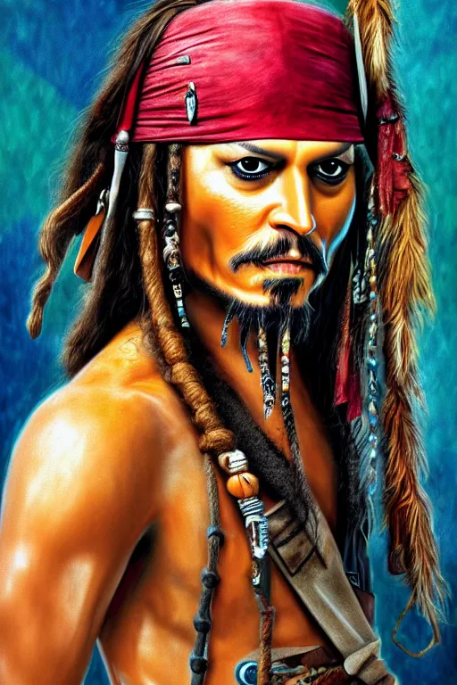 Image similar to photorealistic, highly detailed, Jack Sparrow in a casino, piña colada