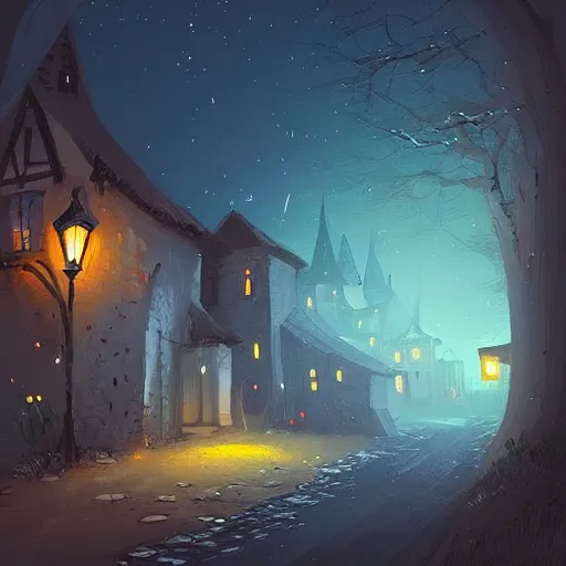 Prompt: A quaint, medieval magical village at night, digital painting by Alena Aenami, trending on artstation