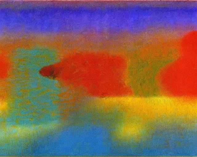 Image similar to Ocean waves in a psychedelic dream world. DMT. Curving rivers. Paul Klee. Zao Wou-ki. Minimalist.