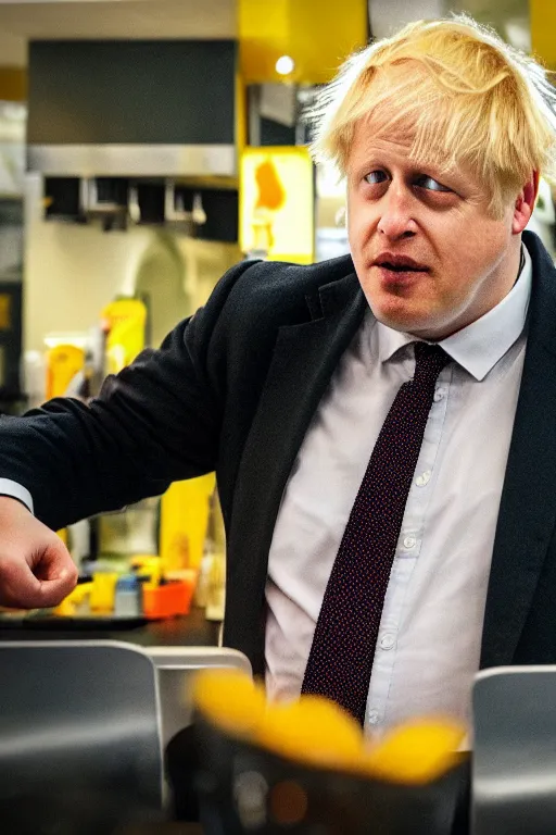 Prompt: intricate color photo of boris johnson, working in mcdonalds serving a customer, 8 k octane beautifully detailed render
