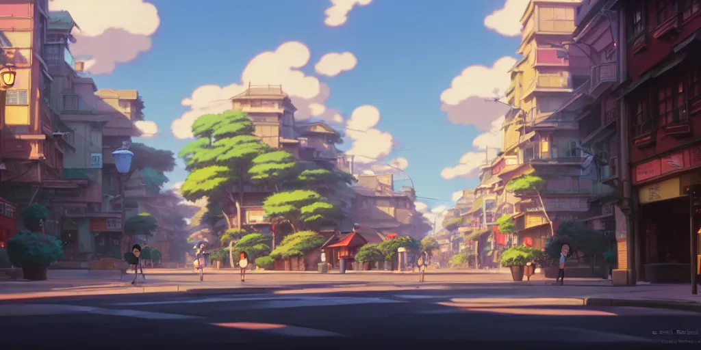 Prompt: a wholesome animation key shot of a city street, by studio ghibli, animation, sharp, rendered in unreal engine 5, focused, anime key art by greg rutkowski, bloom, dramatic lighting