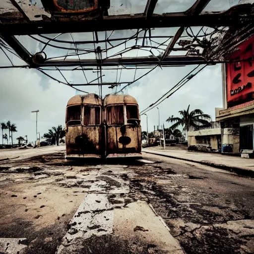 Prompt: low wide angle shot of dilapidated fallout 5 miami, tropical coastal city, desolate, dilapidated neon signs, few rusted retro futuristic vintage parked vehicles like cars, buses, trucks, trams, volumetric lighting, photorealistic, fog, daytime, autumn, overcast weather, sharp focus, ultra detailed, 4 0 0 0 k