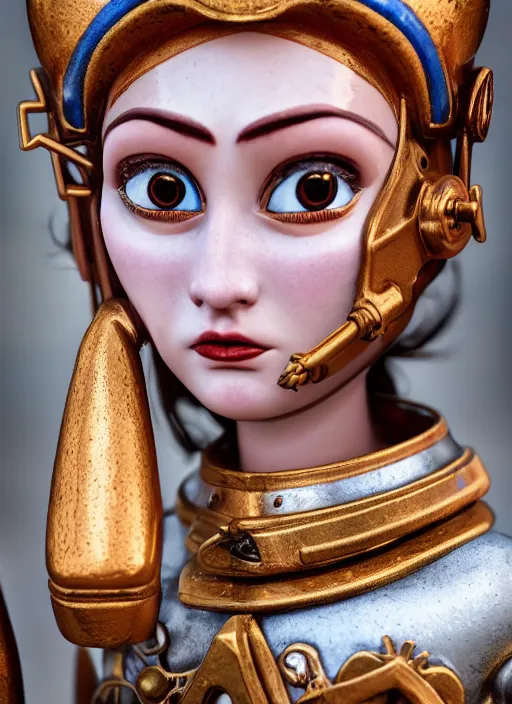Image similar to closeup profile portrait of tin toy girl joan of arc, bikini, depth of field, zeiss lens, detailed, symmetrical, centered, fashion photoshoot, by nicoletta ceccoli, mark ryden, lostfish, breathtaking, 8 k resolution, extremely detailed, beautiful, establishing shot, artistic, hyperrealistic, octane render