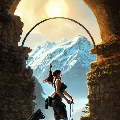 Image similar to perfectly-centered-full-shot photo of thicc lara croft, snowy mountains, big bust, intricate, elegant, super highly detailed, professional digital painting, artstation, concept art, smooth, sharp focus, no blur, no dof, extreme illustration, Unreal Engine 5, 8K, art by artgerm and greg rutkowski and alphonse mucha and loish and WLOP