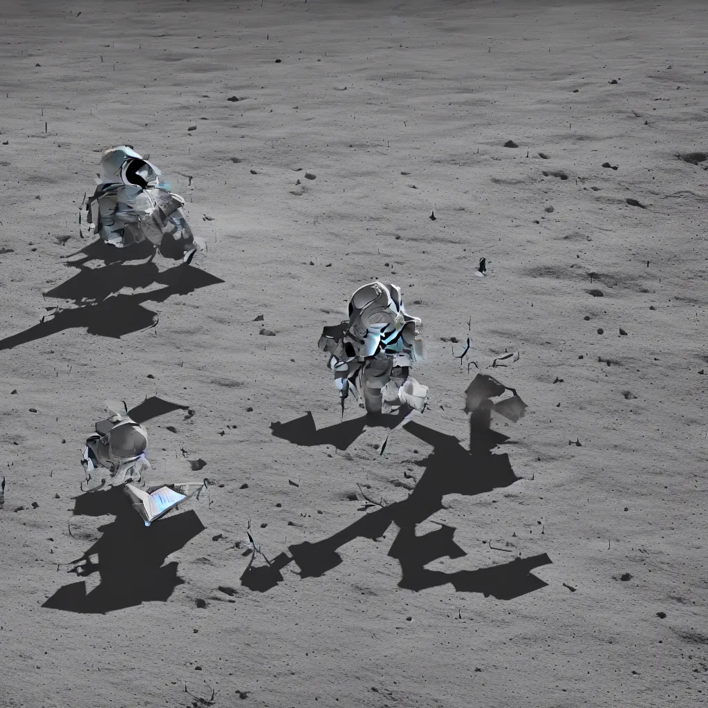 Image similar to A highly photographic render of astronaut on the Moon, sitting on a concrete bench reading a book, rim lighting, cinematic lighting, octane engine, photo realistic image, 4K, super detailed, cinematic look