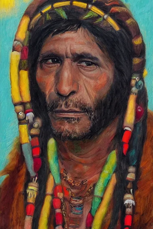 Image similar to Portrait Paintings of a South American Shaman in the style of Luis Tamani