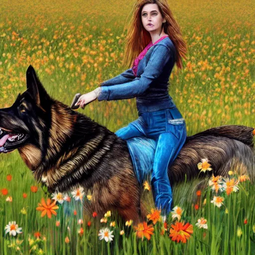 Image similar to girl riding a giant German shepherd in a field of flowers, trending on artstation