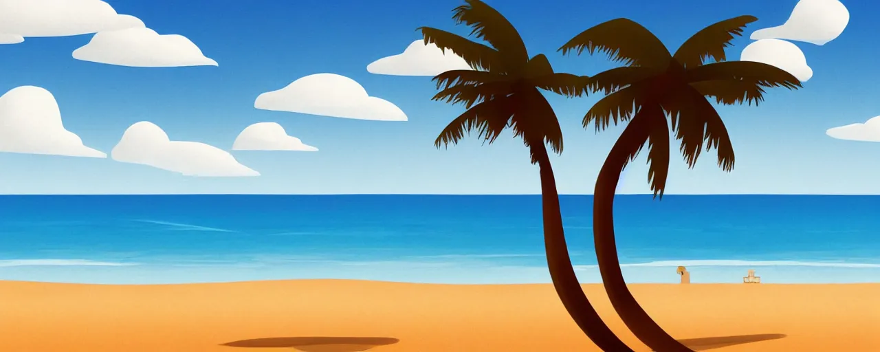 Image similar to illustration of a beach horizon with clouds and one palm tree in the style of goro fujita