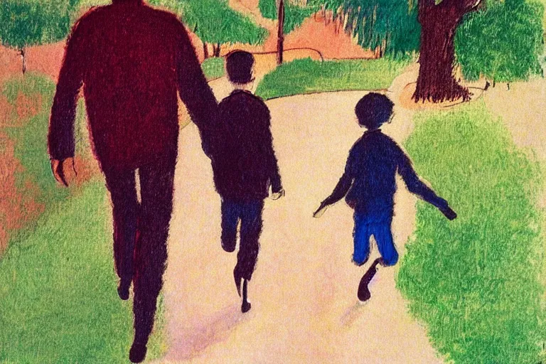 Image similar to a tall man with dark hair holding the hands of a small boy with dark hair as they walk down a suburban highway on a bright beautiful colorful happy day. part in the style of an edgar degas painting. part in the style of david hockney