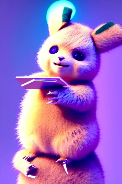 Image similar to high quality 3 d render cyberpunk very cute pastel fluffy! quokka cyborg, wires, highly detailed, vray smooth, in the style of detective pikachu, hannah yata charlie immer, dramatic neon blue light, low angle, uhd 8 k, sharp focus