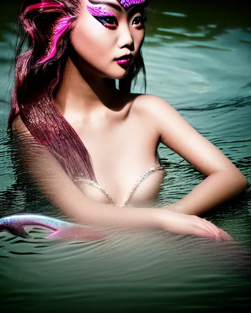 Image similar to medium closeup shot, flash long exposure photography of asian mermaid fashion posing in the lake by peter kemp, sharp focus, high details