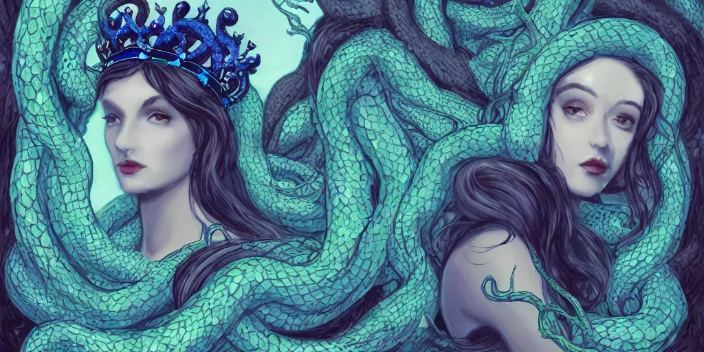 Prompt: portrait of the queen of snakes, pale blue, emerald, sapphire, wearing a crown of vines, moonlit, dark fantasy, artstation