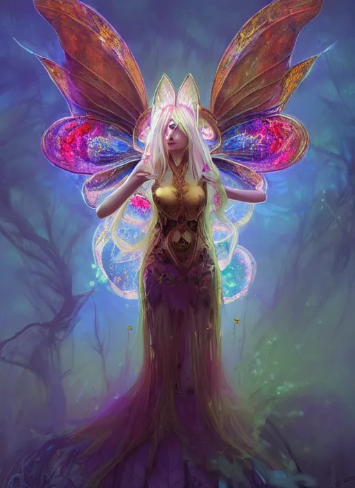 Image similar to stunningly beautiful female faerie priestess in amanita muscaria forest landscape, symmetrical wings on back, neon hair, fantasy art, wearing a dress of gossamer gold, dark light night, sharp focus, digital painting, 4 k, concept art, art by wlop, greg rutkowski and alphonse mucha, brom, face by otto schmidt