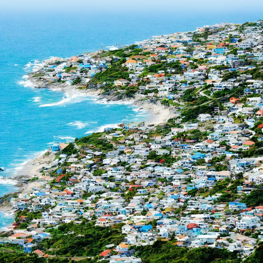 Image similar to down angled view of an anime town, ocean, town, beach, hills