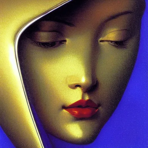 Prompt: a chrome woman's face in flowing sheets of cobalt blue gold chrome silver satin, by moebius syd mead roger dean donato giancola michael whelan yoshitaka amano ivan aivazovsky jan de heem pieter claesz paul delaroche alma tadema aelbert cuyp willem claesz isaac levitan, hyperrealistic volumetric light render