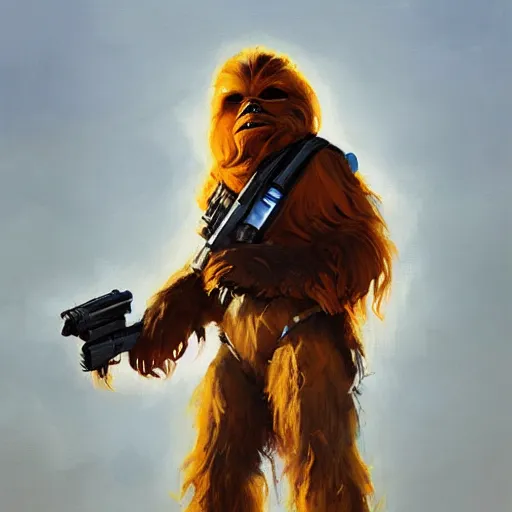 Image similar to greg manchess portrait painting of chewbacca as overwatch character, medium shot, asymmetrical, profile picture, organic painting, sunny day, matte painting, bold shapes, hard edges, street art, trending on artstation, by huang guangjian and gil elvgren and sachin teng