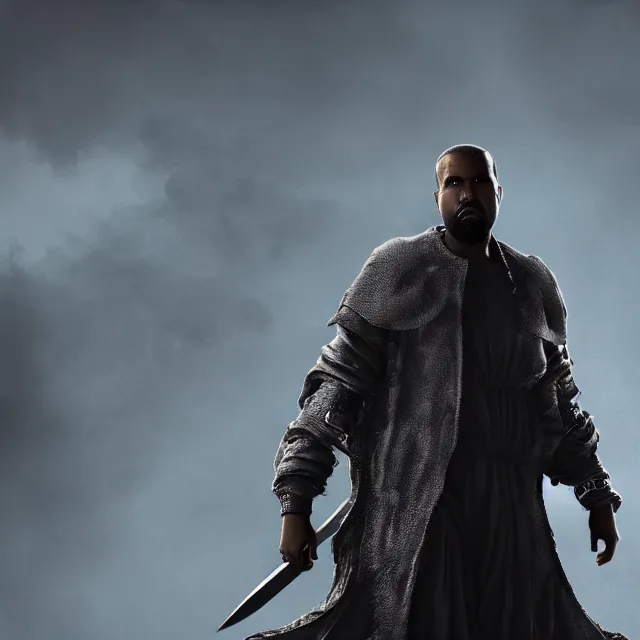 Image similar to yeezus era kanye reimagined as a boss in dark souls, dark cinematic, volumetric, realistic, cinematic lighting, ray tracing, unreal engine 5, unreal engine render, octane render, hyper realistic, photo, 8 k