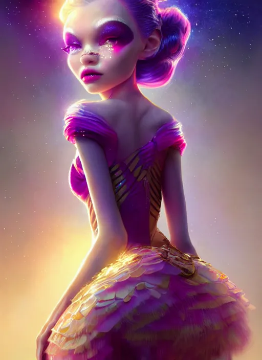 Image similar to pixar portrait 8 k photo, beautiful shiny white rich galactic prima ballerina clowncore russian cyborg college girl, golden ratio details, sci - fi, fantasy, cyberpunk, intricate, decadent, highly detailed, digital painting, ever after high, octane render, artstation, concept art, smooth, sharp focus, illustration, art by artgerm, loish, wlop