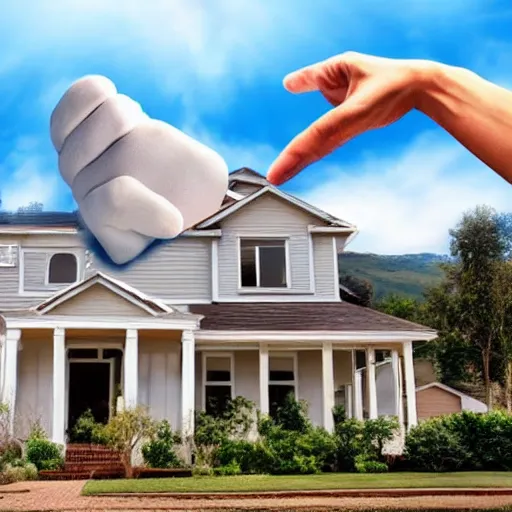 Image similar to giant hand in the sky about to crash a house, hyper realistic, hd,