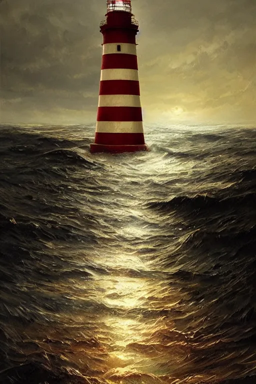 Image similar to imagine a ship in a bottle but instead of a ship a lighthouse is in the bottle, red and white lighthouse, fancy whiskey bottle, masterpiece painting by greg rutkowski
