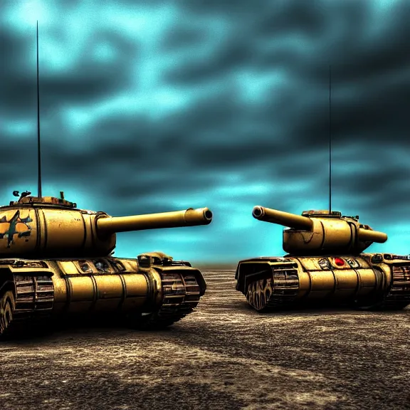 Image similar to atompunk tanks doing battle, 4 k, hdr, smooth, sharp focus, high resolution, award - winning photo