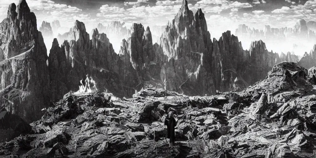 Image similar to 1920s photography of witch-hunt, dolomites in the background, occult signs, witch burning, pyre, solstice fire, alp, dolomites, alpine, detailed intricate insanely detailed octane render, 8k artistic 1920s photography, photorealistic, black and white, chiaroscuro, hd, by David Cronenberg, Raphael, Caravaggio