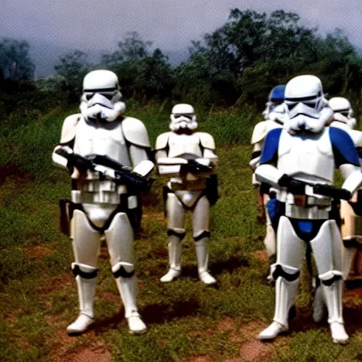 Image similar to star wars clone troopers offer aid to soldiers in vietnam, photo, old picture, lush landscape, field, firearms, war, bombs,