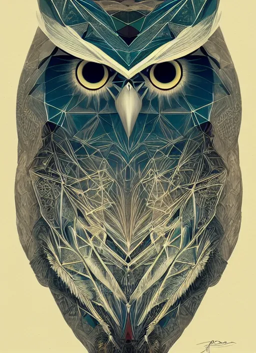 Image similar to portrait of a geometric owl, identical eyes, medium shot, illustration, full body made of white feathers, symmetrical, art stand, super detailed, cinematic lighting, and its detailed and intricate, gorgeous, by peter mohrbacher