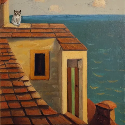 Image similar to the cat is sitting on the roof and looking at the bay and the fortress, oil painting