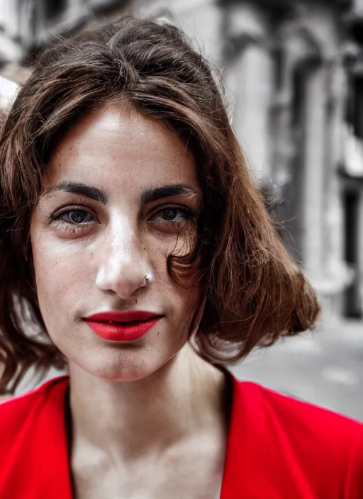 Image similar to close up portrait of beautiful 35-years-old Italian woman, wearing a red outfit, well-groomed model, candid street portrait in the style of Martin Schoeller award winning, Sony a7R