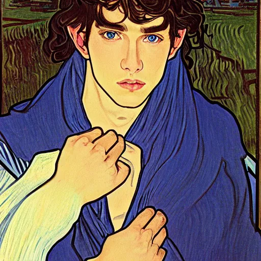 Image similar to portrait painting of young handsome beautiful paladin elf!! man with long! wavy dark hair and blue eyes in his 2 0 s named taehyung minjun james fighting a group of goblins, pale, wearing armor!, modest, elegant, cute, delicate, soft facial features, art by alphonse mucha, vincent van gogh, egon schiele,