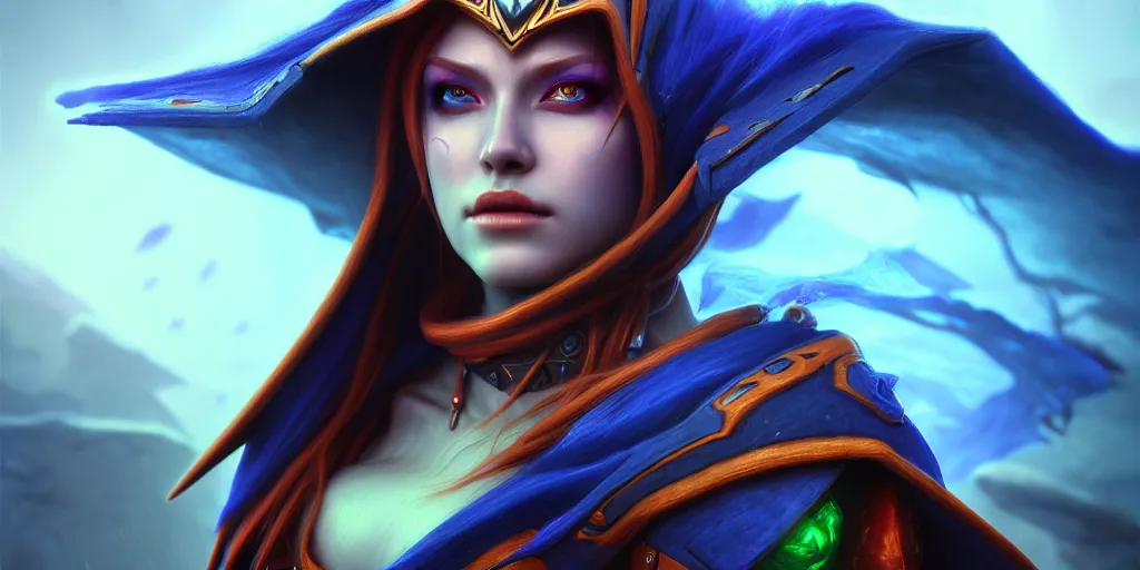 Image similar to ( ( ( ( ( hyperrealist distant portrait of sylvanas windrunner on a blue planet where it rains colors. ) ) ) ) ) by bayard wu, fantasy, photorealistic, octane render, unreal engine, dynamic lighting, trending on artstation, poster, volumetric lighting, very detailed faces, 4 k, award winning