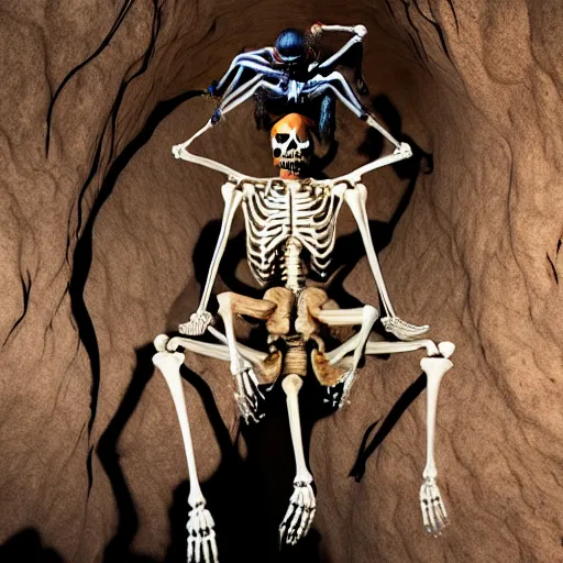 Image similar to human skeleton mounting a giant spider, on top of a spider, riding a spider, inside of a cave