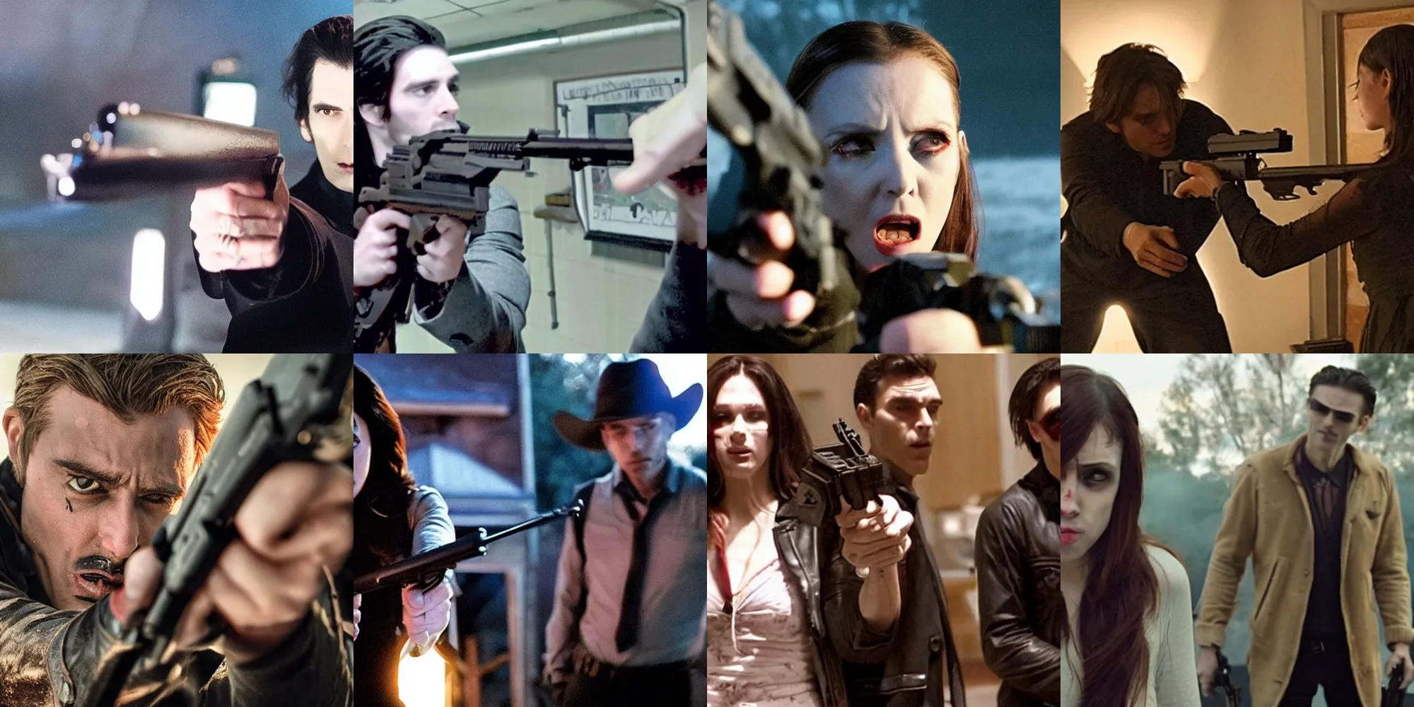 Prompt: Still from Cool Vampires Holding Guns Movie, well lit, high budget, heavily upvoted