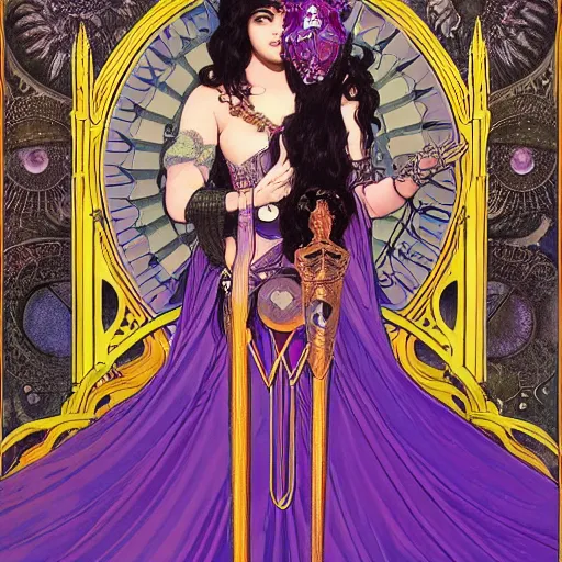 Prompt: an extremely detailed tarot card of an unbelievably beautiful queen of the moon wearing an owl mask with long black hair and purple eyes, long red strapless floor length dress, shinny deep blue high heels, ostentatious and extravagant masquerade ball, neoclassical architecture, 4 k, artstation, detailed, realistic, by alphonse mucha and greg rutkowski