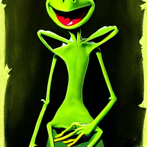 Image similar to grunge cartoon drawing of kermit the frog by - michael karcz , in the style of corpse bride, loony toons style, horror themed, detailed, elegant, intricate