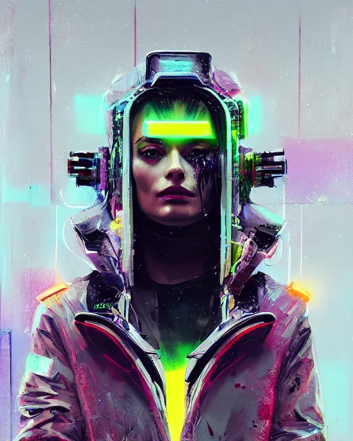 Image similar to neon operator margot robbie, cyberpunk futuristic neon, reflective puffy coat, decorated with traditional japanese ornaments by ismail inceoglu dragan bibin hans thoma greg rutkowski alexandros pyromallis nekro rene maritte illustrated, perfect face, fine details, realistic shaded, fine - face, pretty face