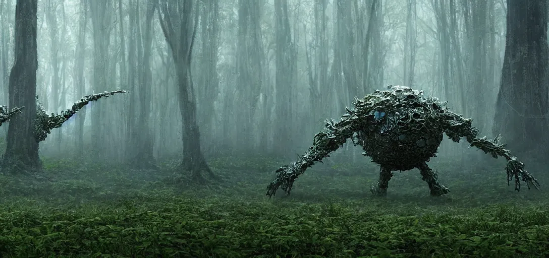 Image similar to a complex organic fractal 3 d metallic symbiotic ceramic humanoid megastructure creature in a swampy lush forest, foggy, cinematic shot, photo still from movie by denis villeneuve