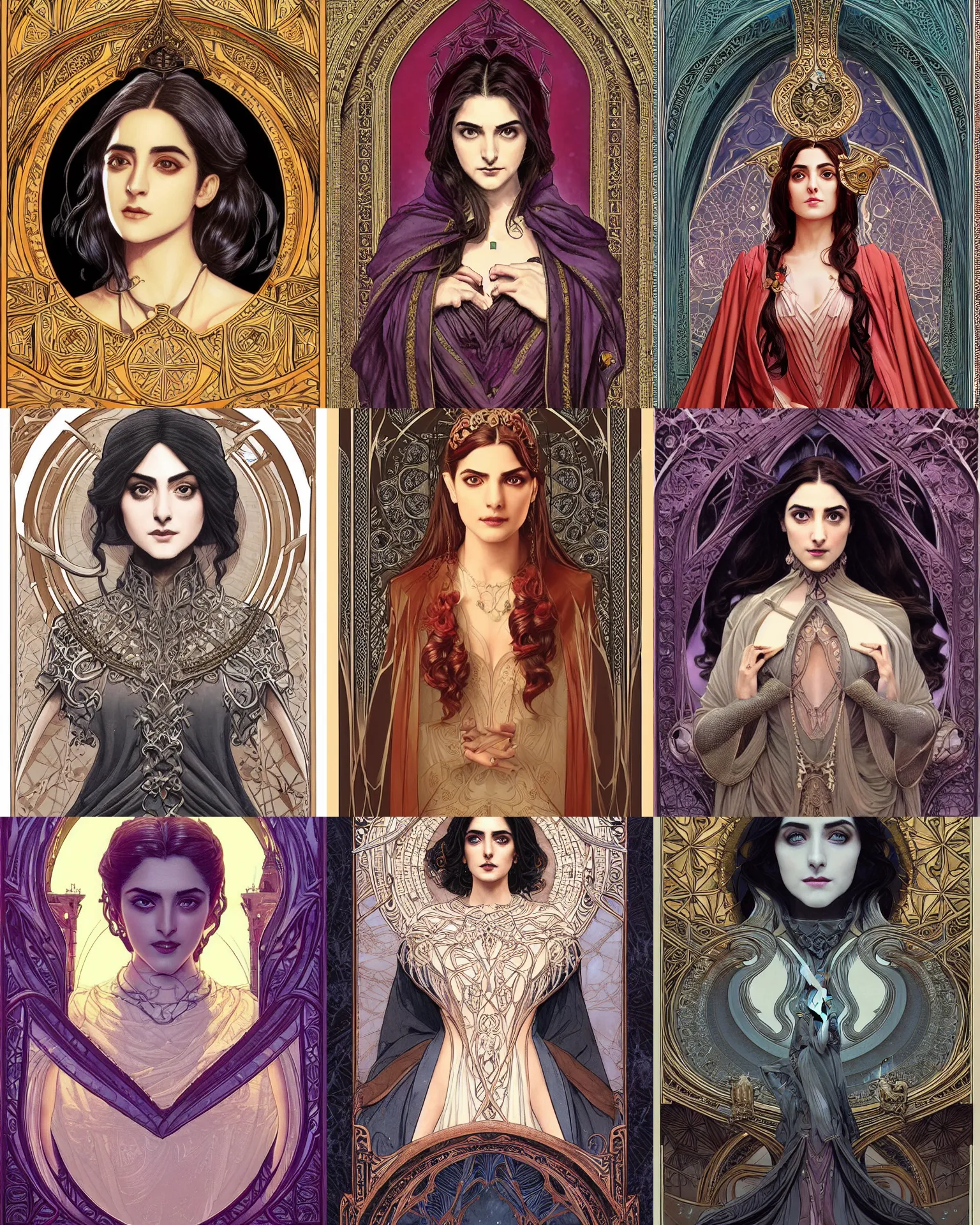 Prompt: masterpiece symmetrical centered bust-view portrait, Maya Ali as D&D sorcerer, only one head, Neo-Gothic, Art Nouveau style, cell shaded, wizard robe, fantasy, delicate, elegant, in the style of Greg Rutkowski and Moebius and Mohrbacher and ROSSDRAWS and Ross Tran and Alphonse Mucha and Ayami Kojima and Charlie Bowater and Jean Delville, tarot card style, cinematic specular lighting, rich bright colours