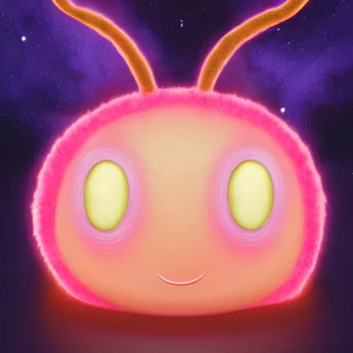 Prompt: an alien with a face that looks like a fuzzy peach the peach is fuzzy pink warm and ripe the alien has horns and a mean smile, 4k, highly detailed, high quality, amazing, high particle effects, glowing, majestic, soft lighting