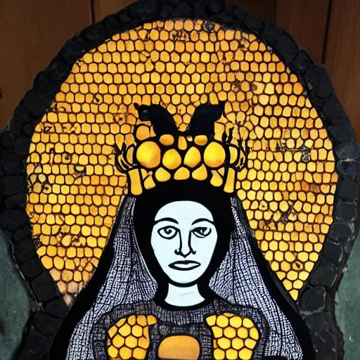 Prompt: the queen bee has a human face. throne made of honeycomb. folk horror style art.